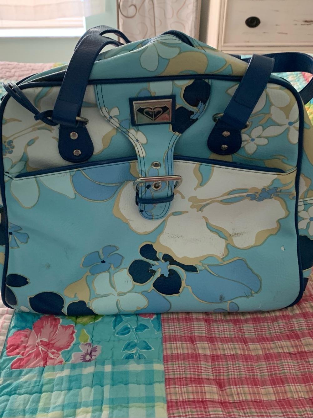 Vintage Roxy Blue Floral Travel Bag Carry On Tropical Print with Navy Trim
